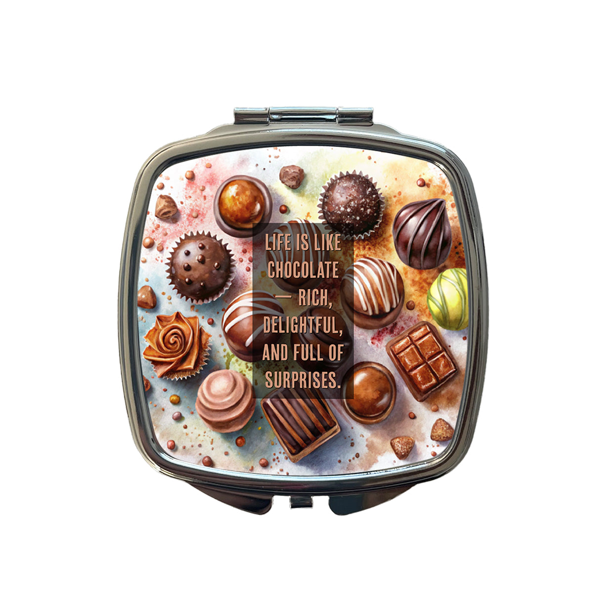 Life Is Like Chocolate Inspirational Watercolor Small Travel Purse Handbag Pocket Makeup Compact Mirror