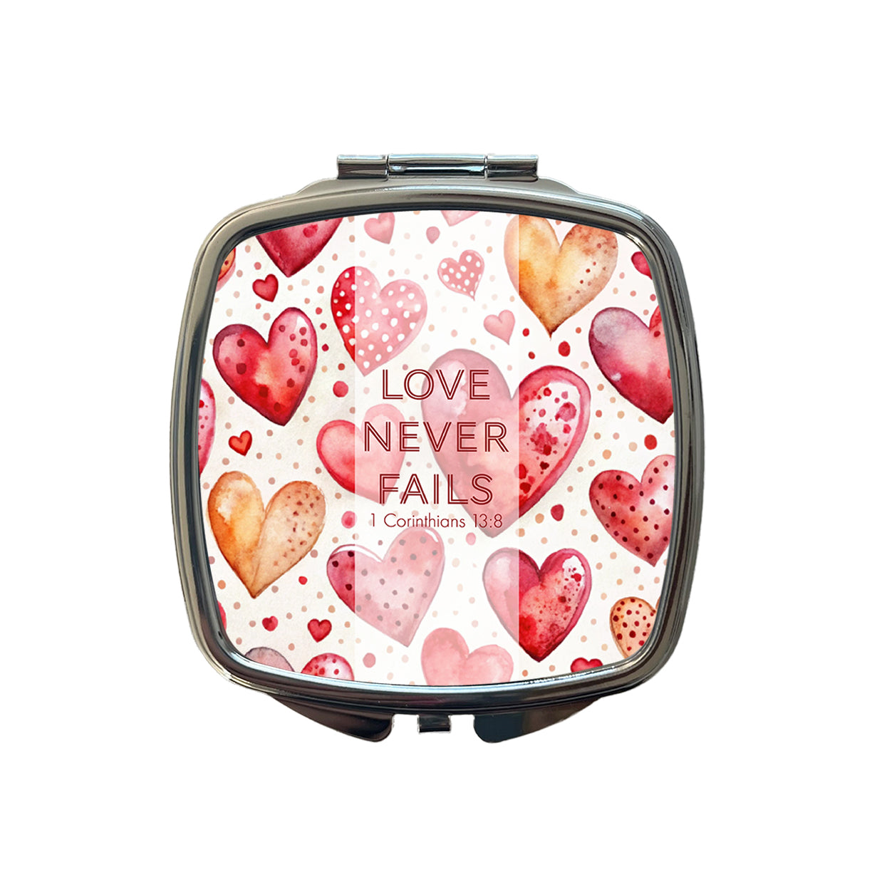 Love Never Fails Corinthians Red Hearts Christian Inspirational Small Travel Purse Handbag Pocket Makeup Compact Mirror