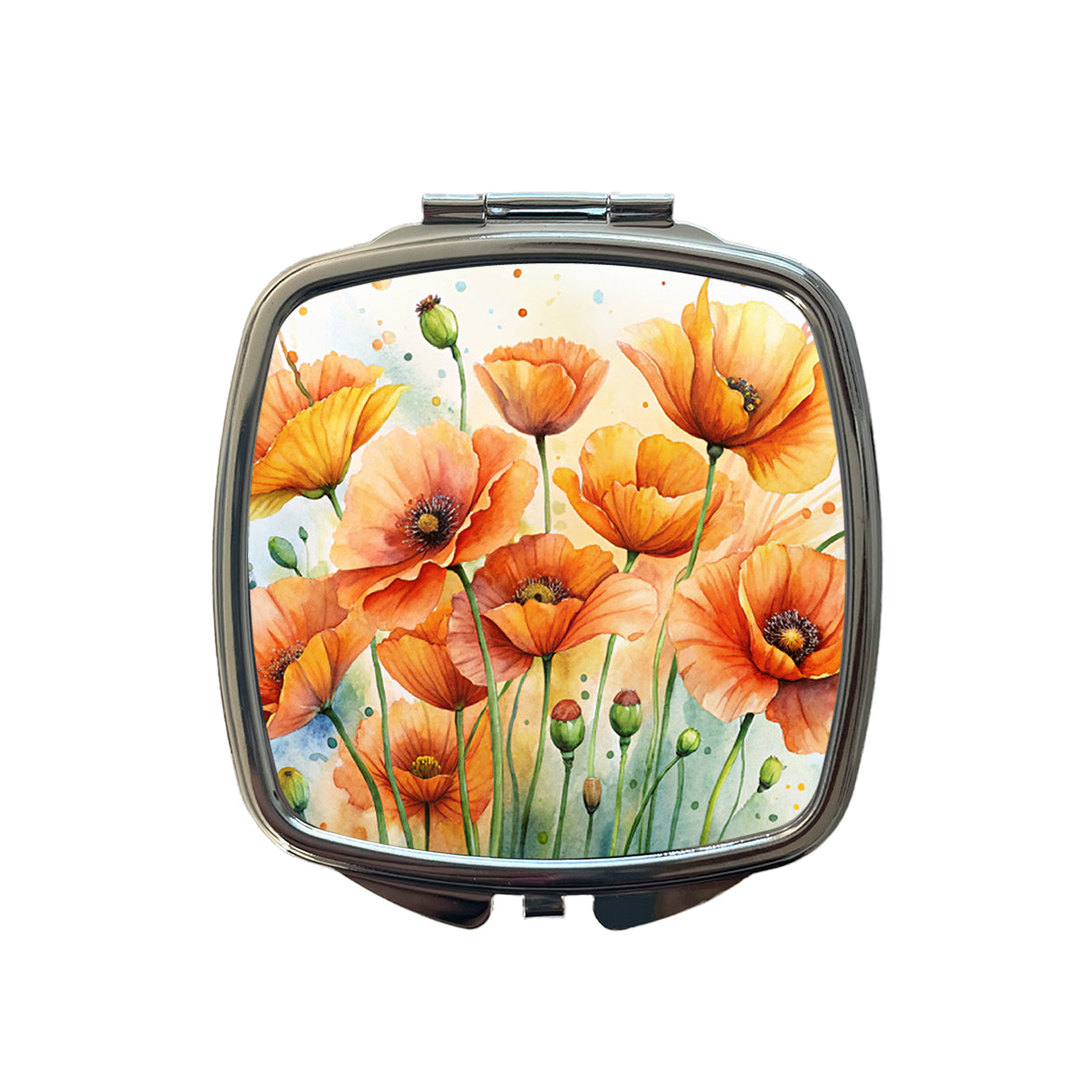 Orange Poppies Flowers Watercolor Small Travel Purse Handbag Pocket Makeup Compact Mirror