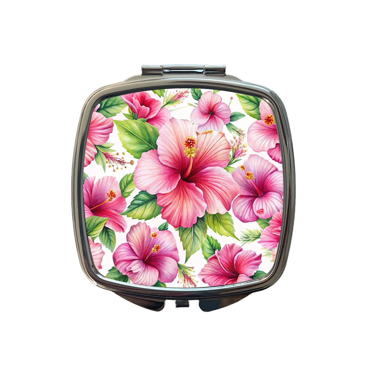 Pink Hibiscus Tropical Flowers Watercolor Small Travel Purse Handbag Pocket Makeup Compact Mirror