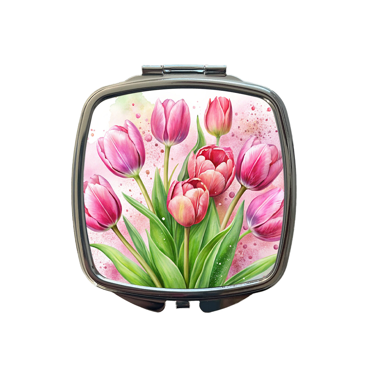 Pink Tulips Flowers Watercolor Small Travel Purse Handbag Pocket Makeup Compact Mirror