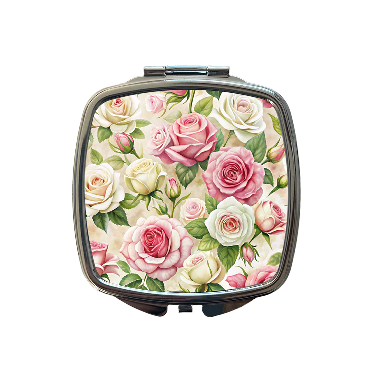 Pink White Roses Flowers Watercolor Small Travel Purse Handbag Pocket Makeup Compact Mirror