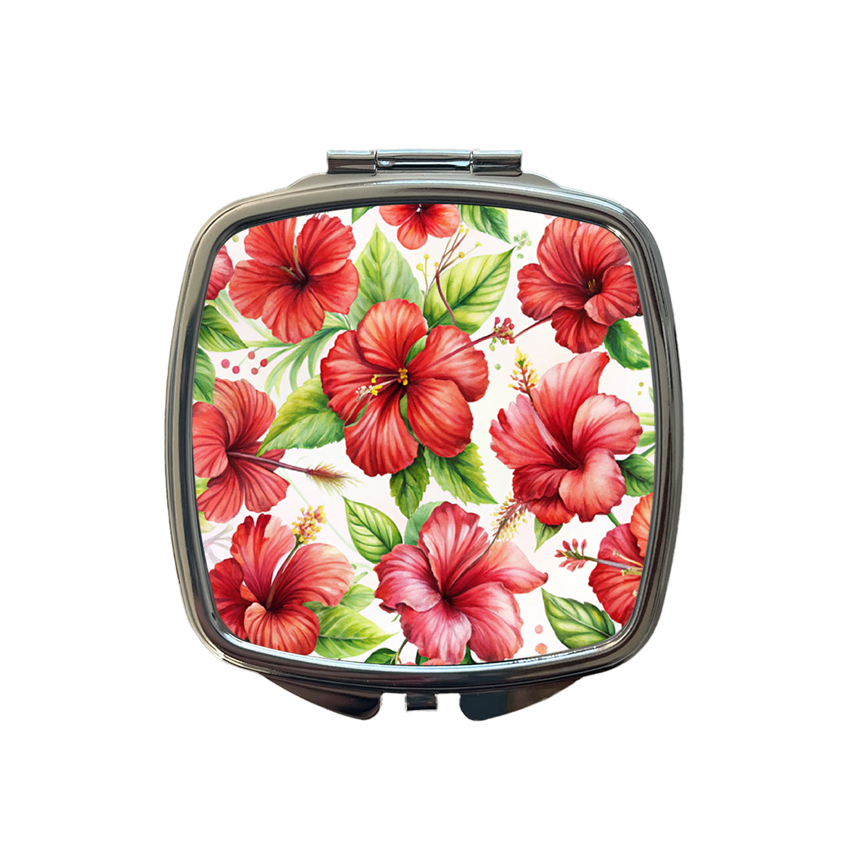 Red Hibiscus Flowers Watercolor Small Travel Purse Handbag Pocket Makeup Compact Mirror