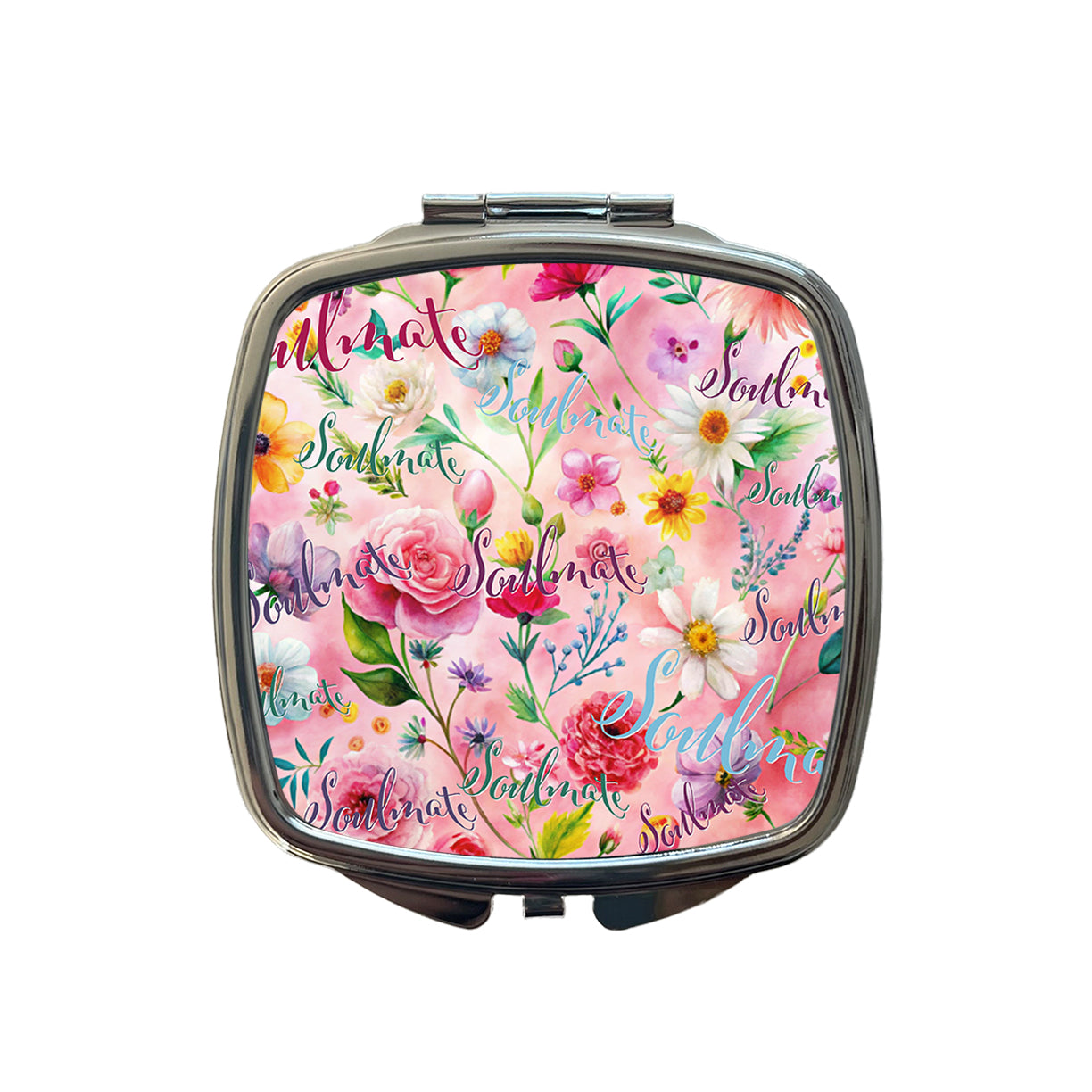 Soulmate Love Wedding Anniversary Flowers Pink Background Small Travel Purse Handbag Pocket Makeup Compact Mirror