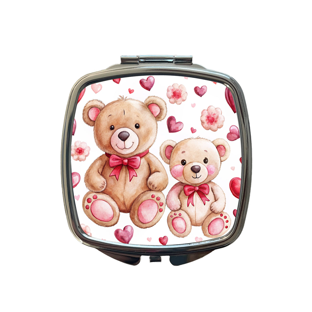 Teddy Bears Pink Red Hearts Small Travel Purse Handbag Pocket Makeup Compact Mirror