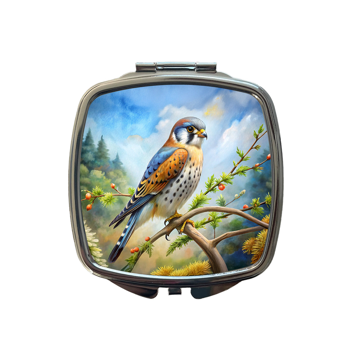 American Kestrel Raptor Bird Of Prey In Tree Scene Watercolor Small Travel Purse Handbag Pocket Makeup Compact Mirror