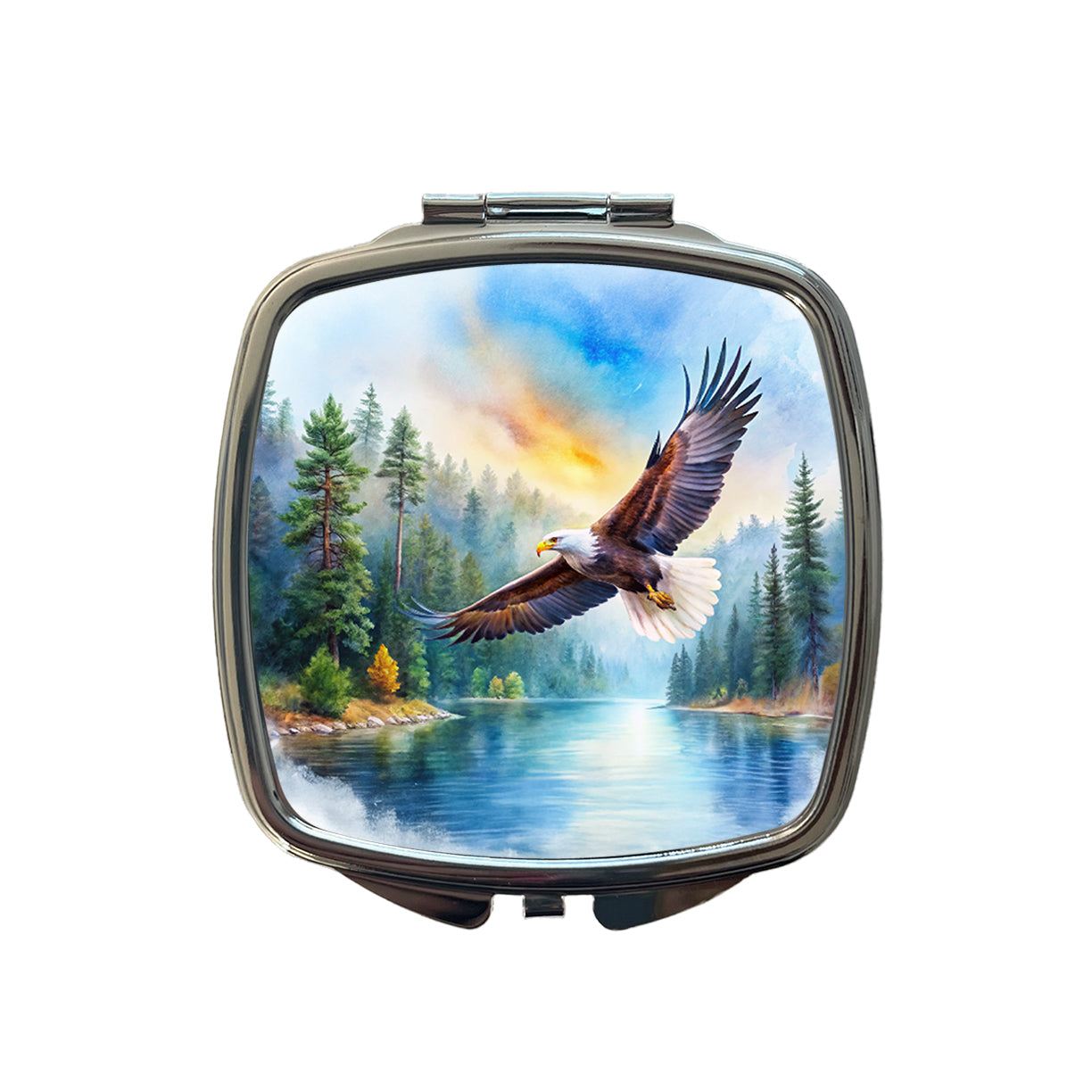 Bald Eagle Flying With Forest Lake Watercolor Small Travel Purse Handbag Pocket Makeup Compact Mirror