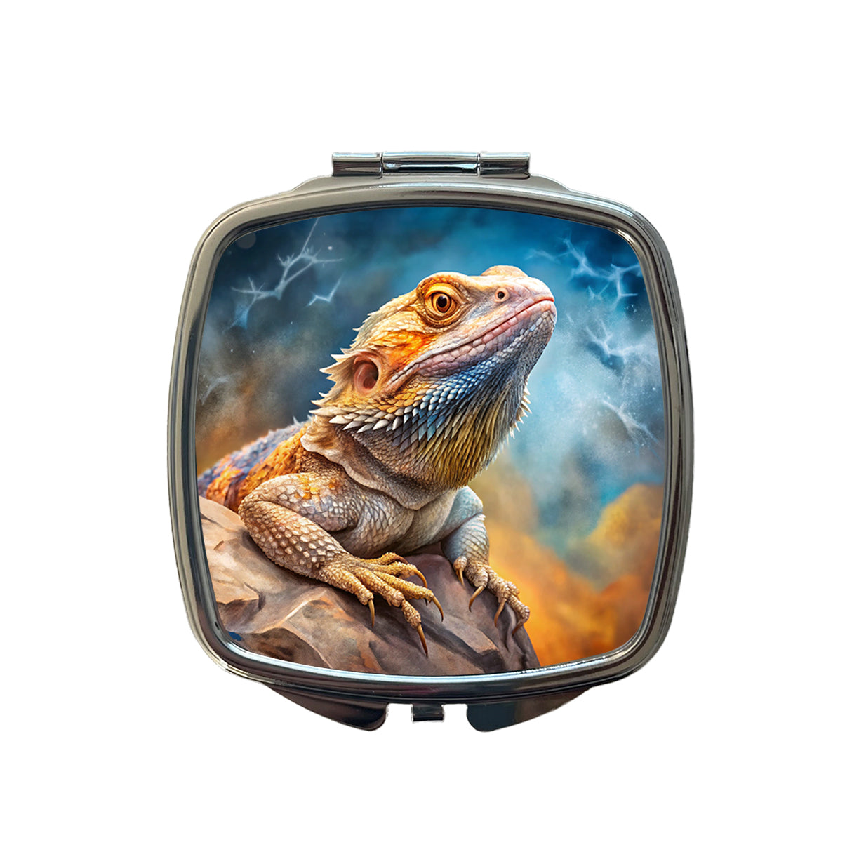 Bearded Dragon Lizard On Rock Stormy Scene Reptile Watercolor Small Travel Purse Handbag Pocket Makeup Compact Mirror
