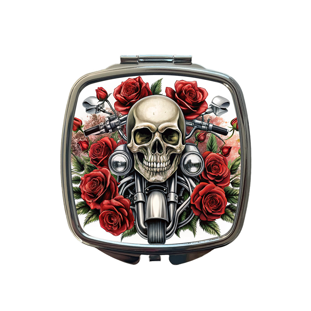 Biker Style Skulls And Roses Motorcycle Small Travel Purse Handbag Pocket Makeup Compact Mirror