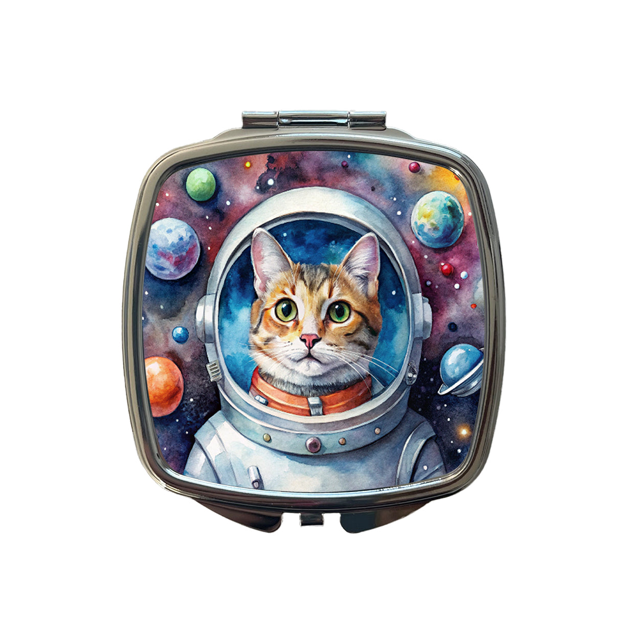 Cat In Space Funny Tabby Watercolor Small Travel Purse Handbag Pocket Makeup Compact Mirror