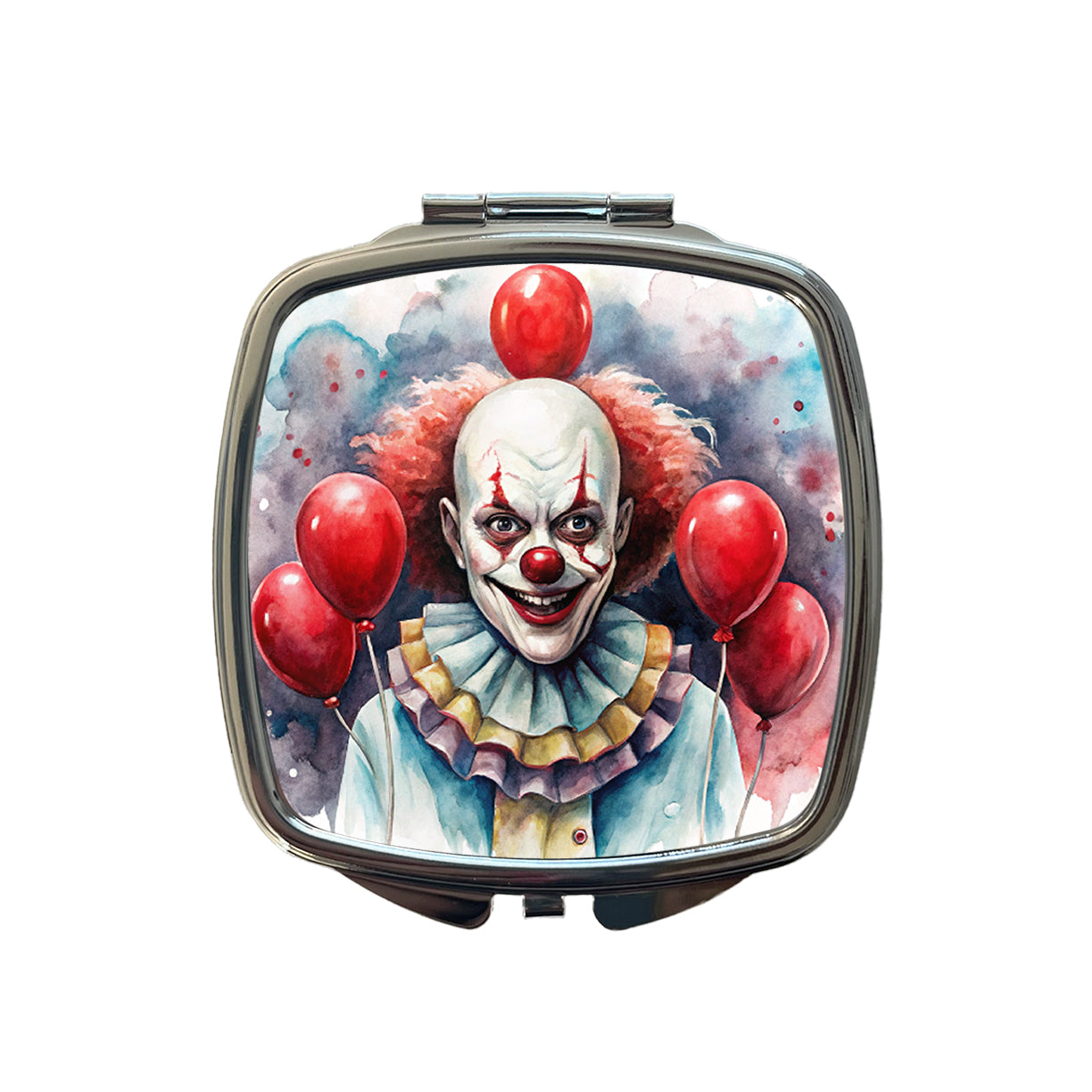 Creepy Scary Evil Clown With Red Balloons Watercolor Small Travel Purse Handbag Pocket Makeup Compact Mirror