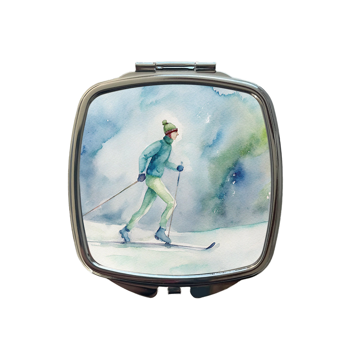 Cross Country Skiing Watercolor Small Travel Purse Handbag Pocket Makeup Compact Mirror