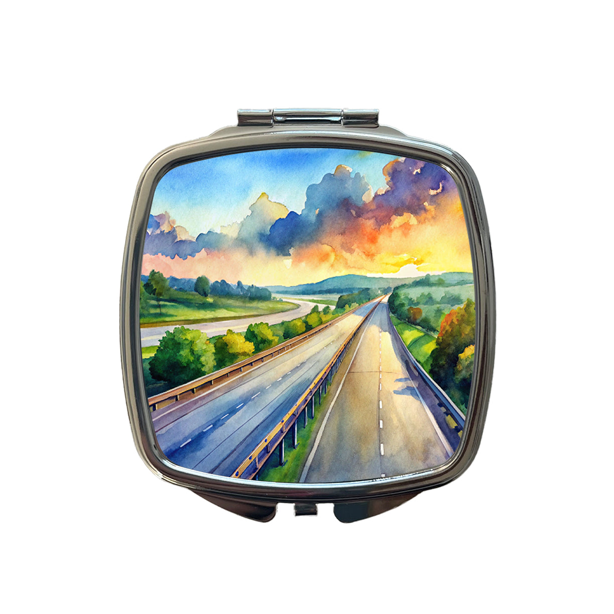 Empty Highway Stretching Into The Distance Watercolor Small Travel Purse Handbag Pocket Makeup Compact Mirror