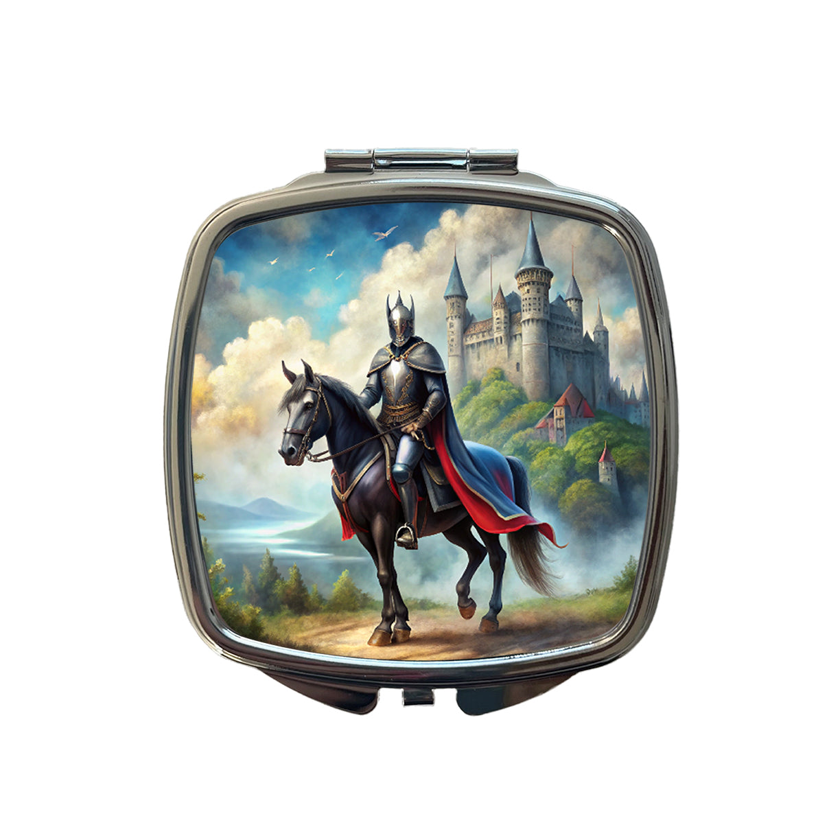 Fantasy Black Knight Astride Horse Outside Castle Watercolor Small Travel Purse Handbag Pocket Makeup Compact Mirror