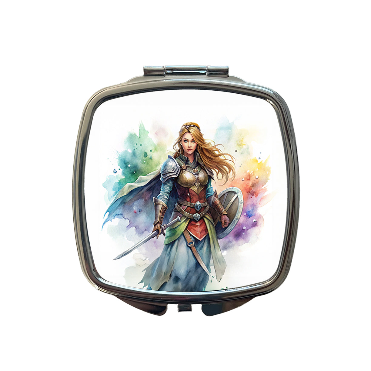 Fantasy Female Fighter Sword Shield-maiden Watercolor Small Travel Purse Handbag Pocket Makeup Compact Mirror