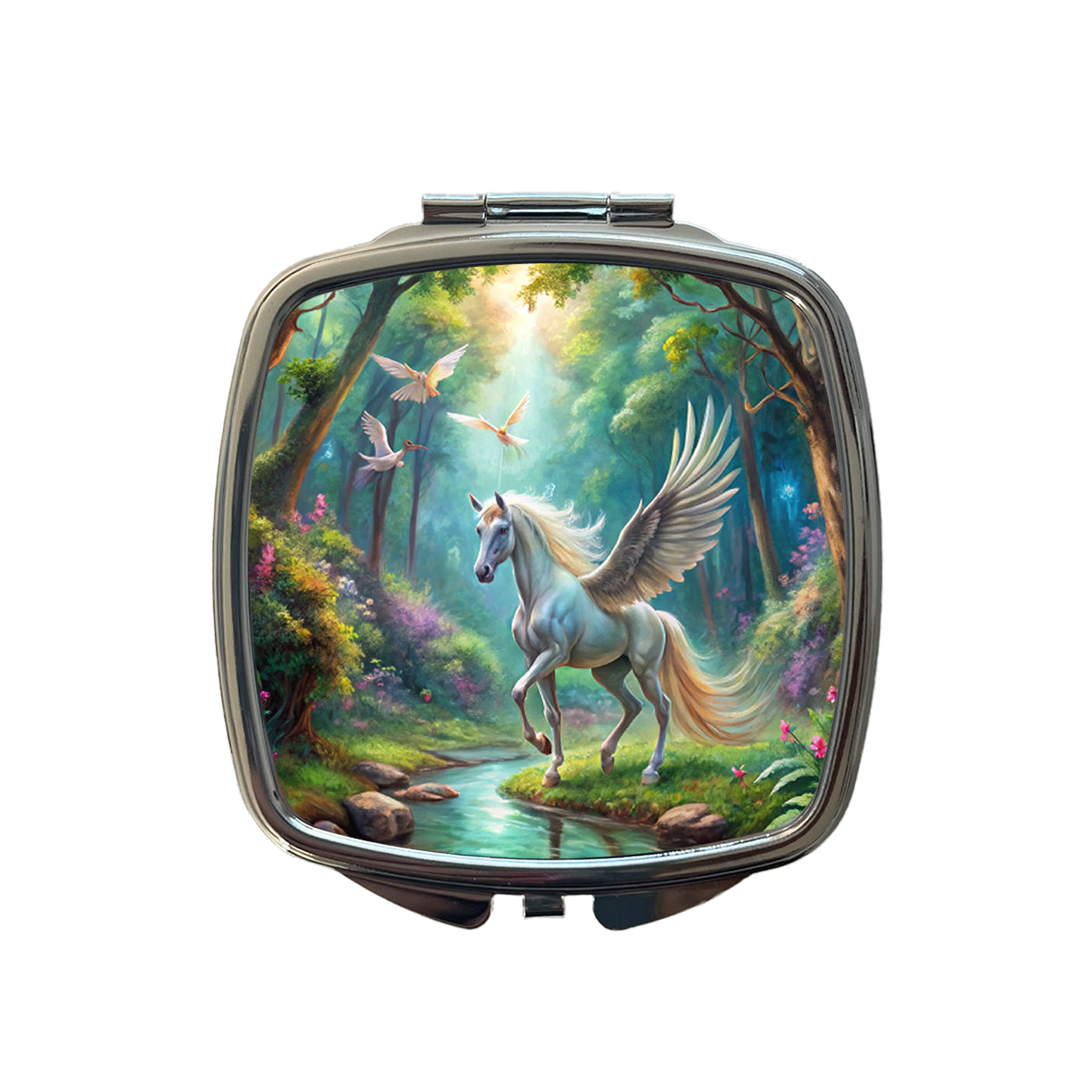 Fantasy Forest With Pegasus Winged-stallion Watercolor Small Travel Purse Handbag Pocket Makeup Compact Mirror