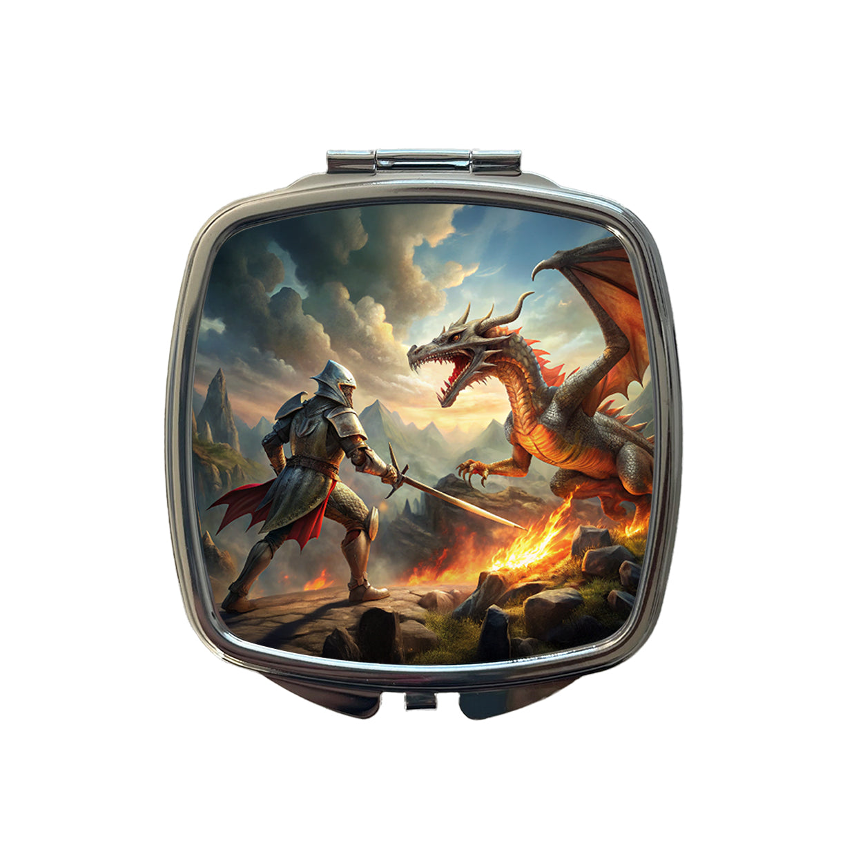 Fantasy Knight Fighting A Fire-breathing Dragon Small Travel Purse Handbag Pocket Makeup Compact Mirror