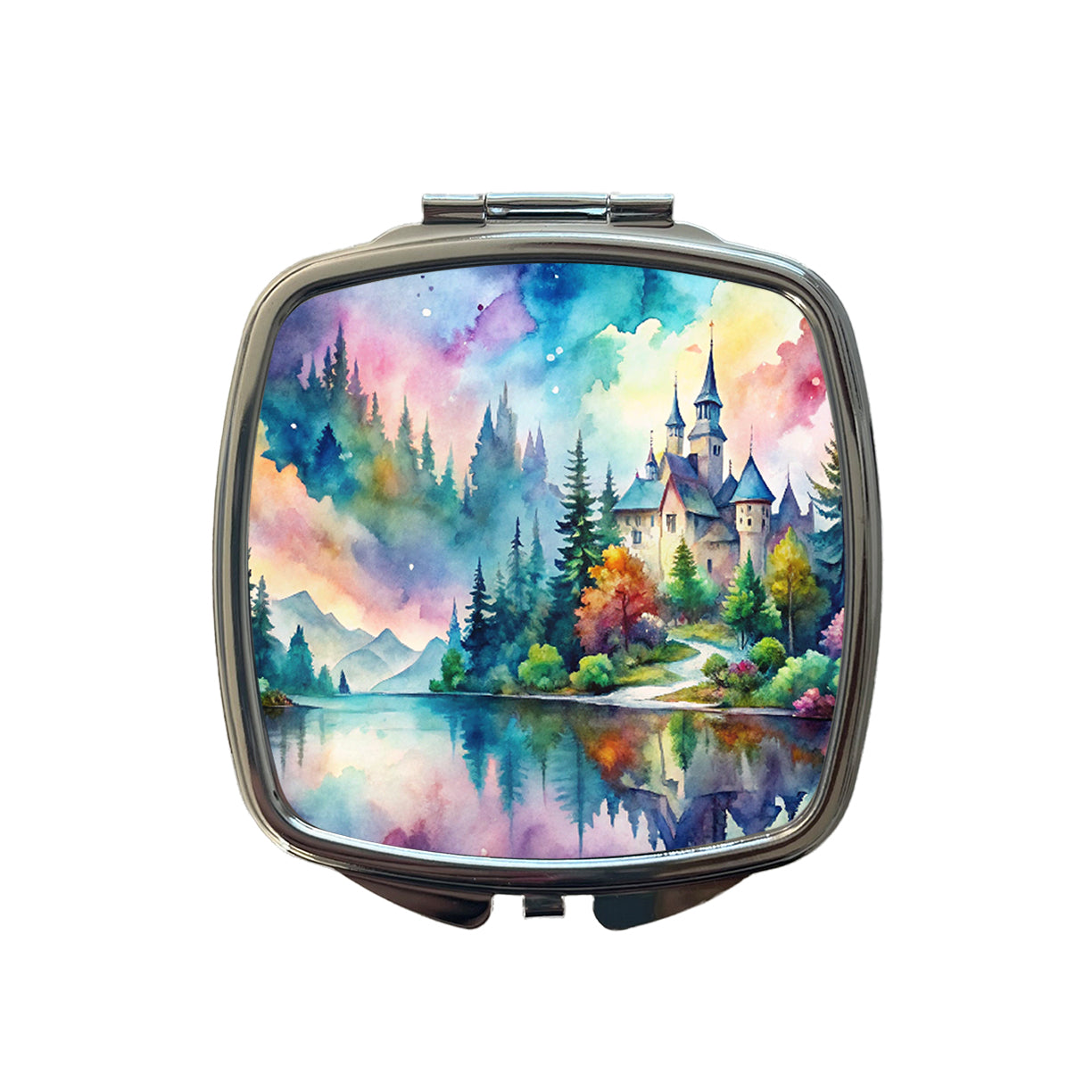 Fantasy Lake And Castle Scene Watercolor Small Travel Purse Handbag Pocket Makeup Compact Mirror