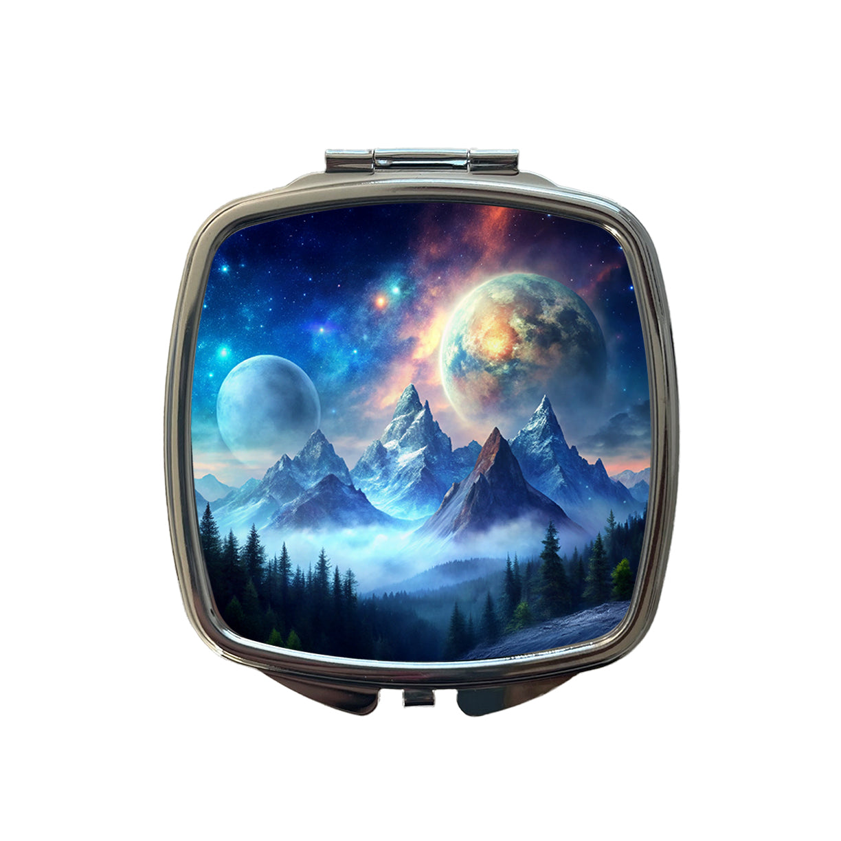 Fantasy Sci-fi World Moons Rising Over Mountains Watercolor Small Travel Purse Handbag Pocket Makeup Compact Mirror