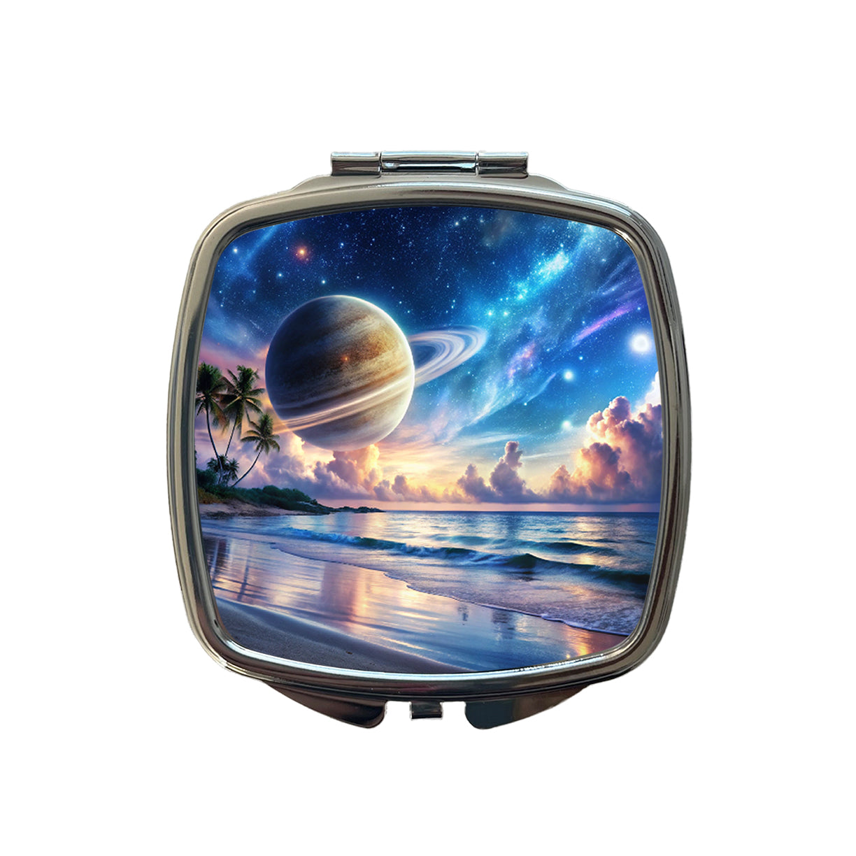 Fantasy Sci-fi World Saturn Rising Over Beach Small Travel Purse Handbag Pocket Makeup Compact Mirror