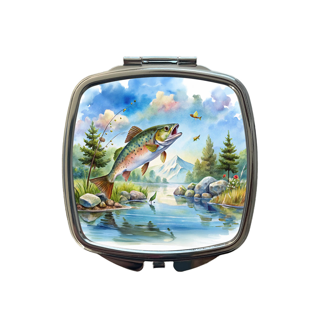 Fish Jumping Stream Lake Fishing Watercolor Small Travel Purse Handbag Pocket Makeup Compact Mirror