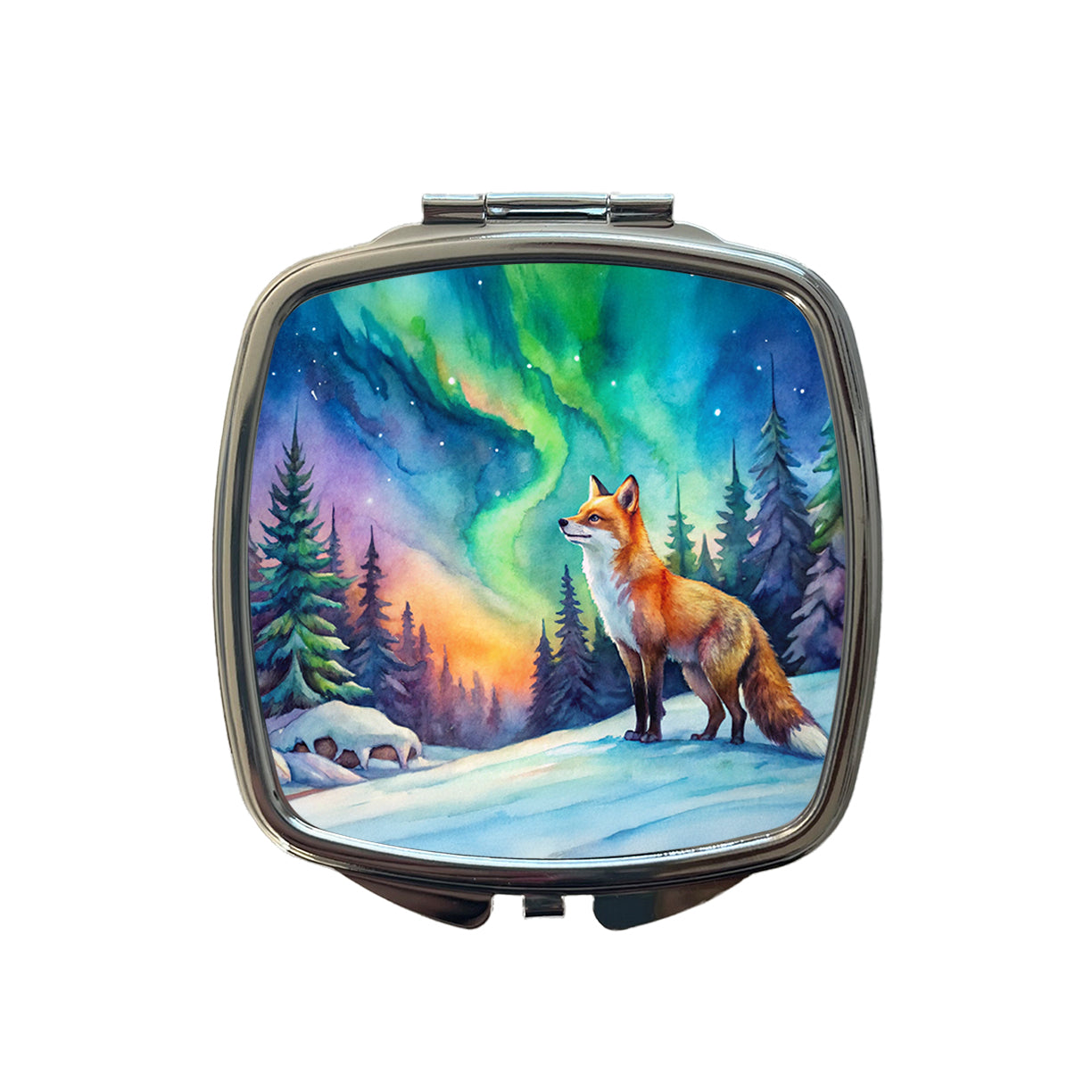Fox And Northern Lights Watercolor Small Travel Purse Handbag Pocket Makeup Compact Mirror