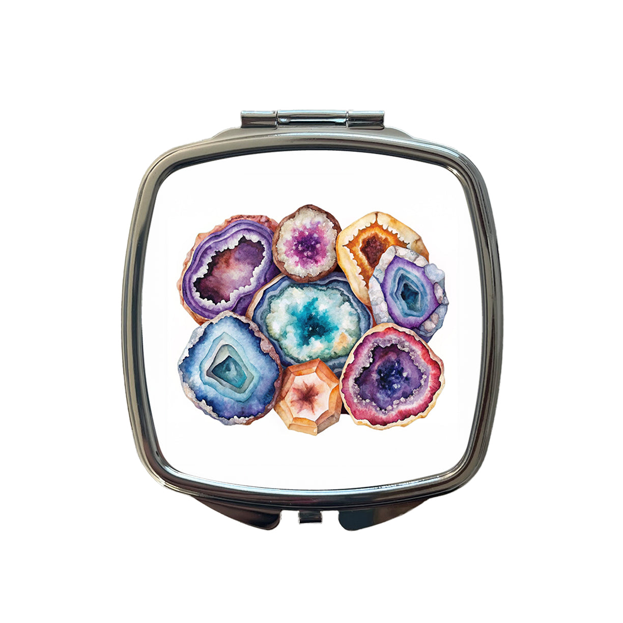 Geode Volcanic Crystals Cut Open Watercolor Small Travel Purse Handbag Pocket Makeup Compact Mirror