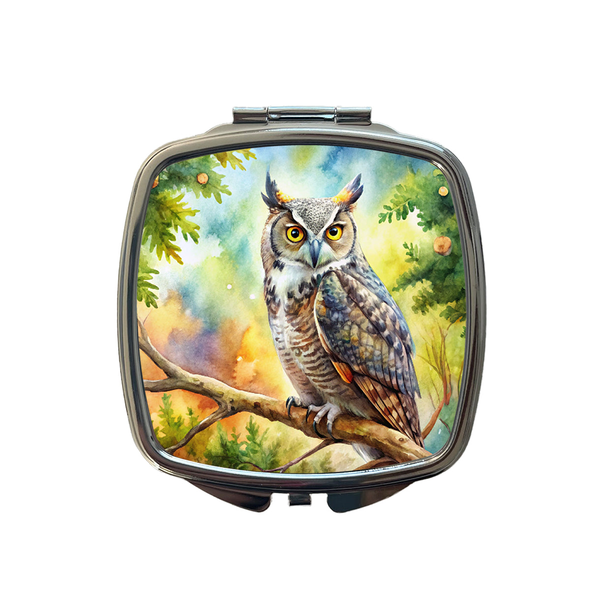 Great Horned Owl In Tree Watercolor Small Travel Purse Handbag Pocket Makeup Compact Mirror