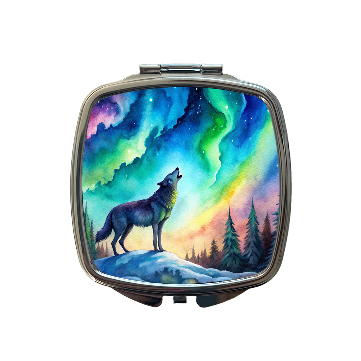 Howling Wolf And Northern Lights Watercolor Small Travel Purse Handbag Pocket Makeup Compact Mirror