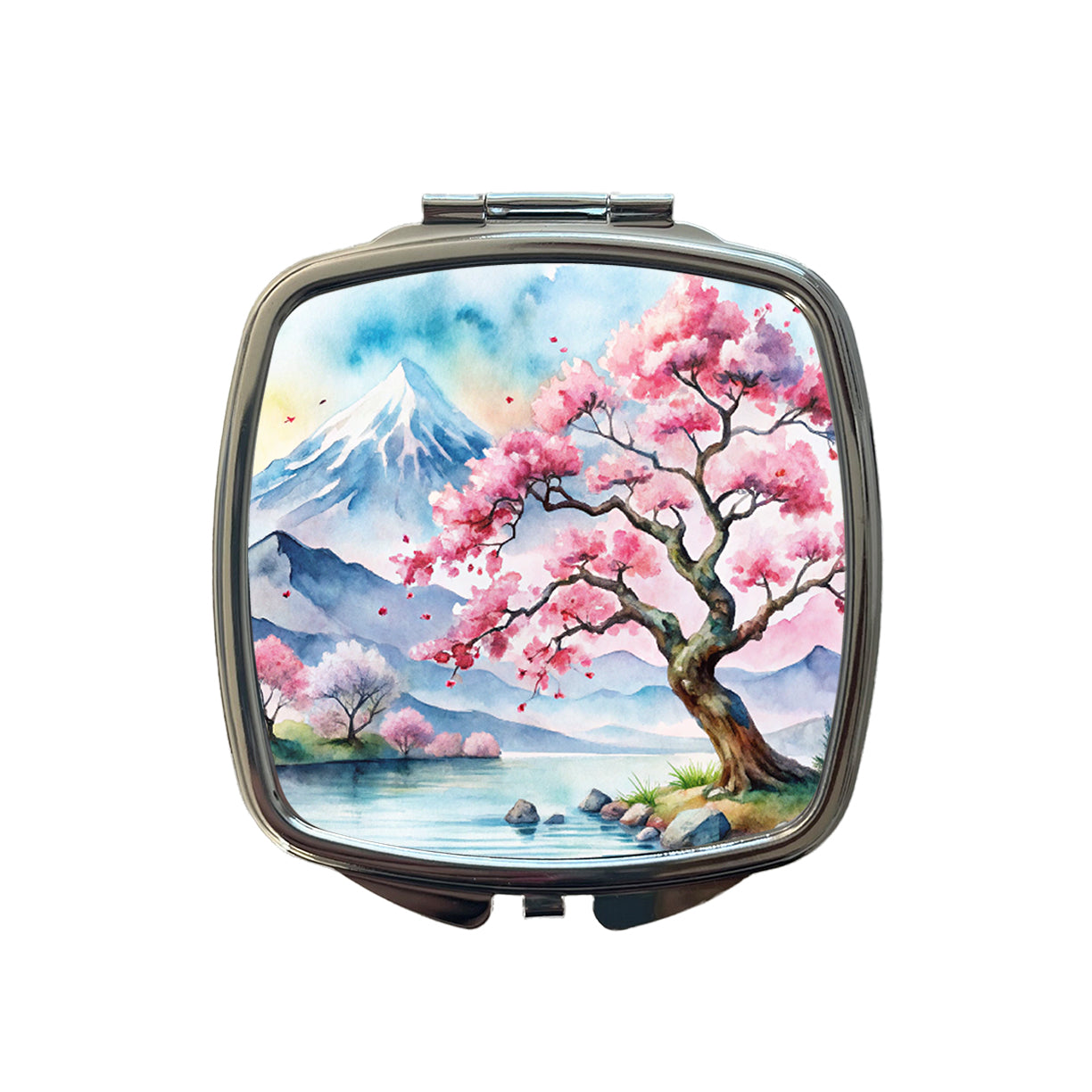 Japanese Cherry Blossom Tree Scene Watercolor Small Travel Purse Handbag Pocket Makeup Compact Mirror