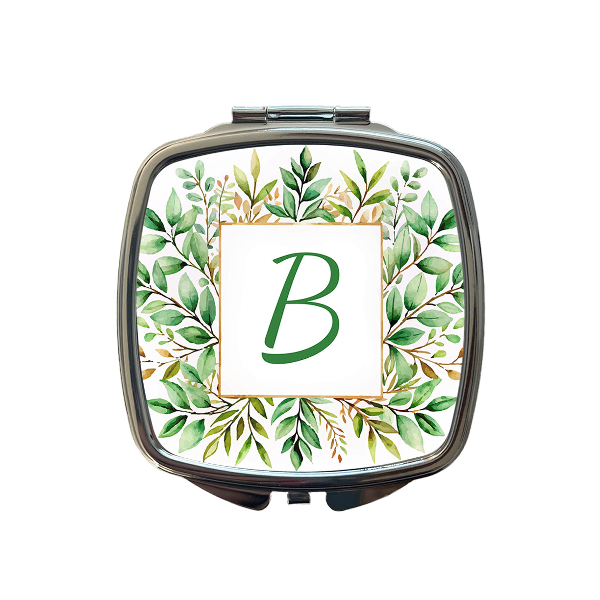 Letter B Initial Monogram Frame Leaf Small Travel Purse Handbag Pocket Makeup Compact Mirror