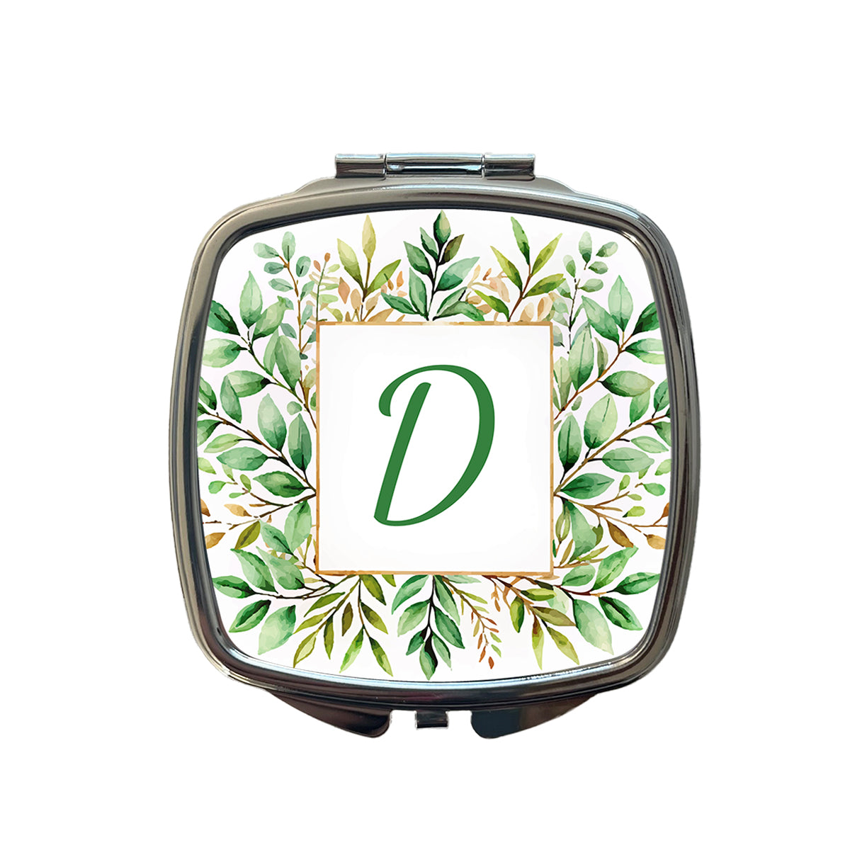 Letter D Initial Monogram Frame Leaf Small Travel Purse Handbag Pocket Makeup Compact Mirror