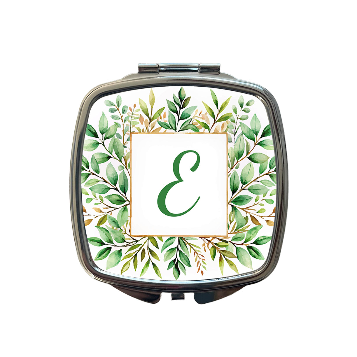 Letter E Initial Monogram Frame Leaf Small Travel Purse Handbag Pocket Makeup Compact Mirror