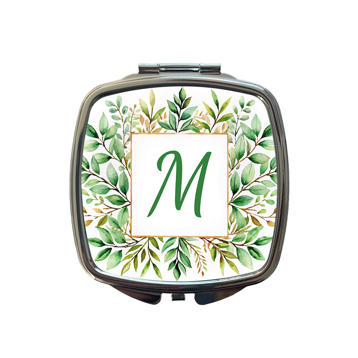 Letter M Initial Monogram Frame Leaf Small Travel Purse Handbag Pocket Makeup Compact Mirror