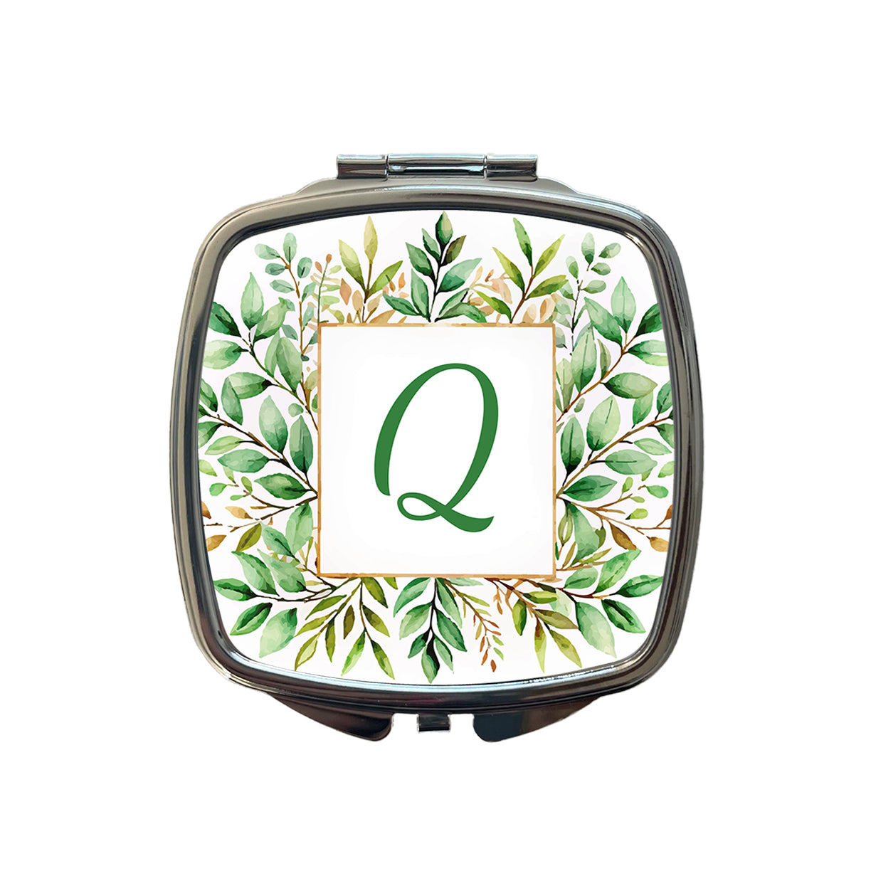 Letter Q Initial Monogram Frame Leaf Small Travel Purse Handbag Pocket Makeup Compact Mirror