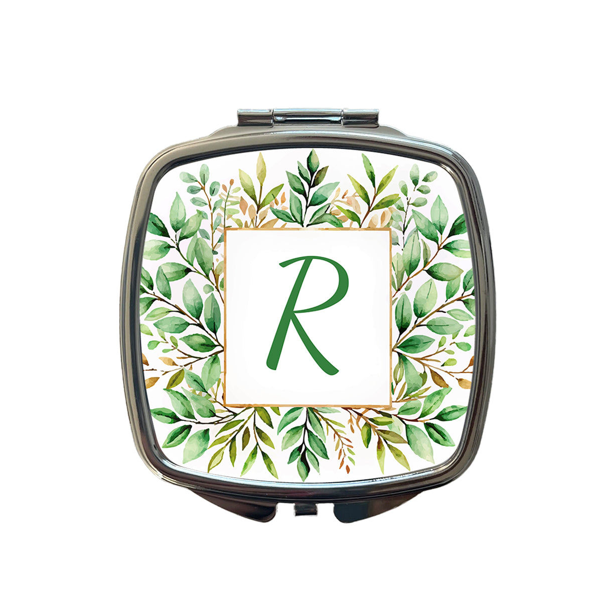 Letter R Initial Monogram Frame Leaf Small Travel Purse Handbag Pocket Makeup Compact Mirror
