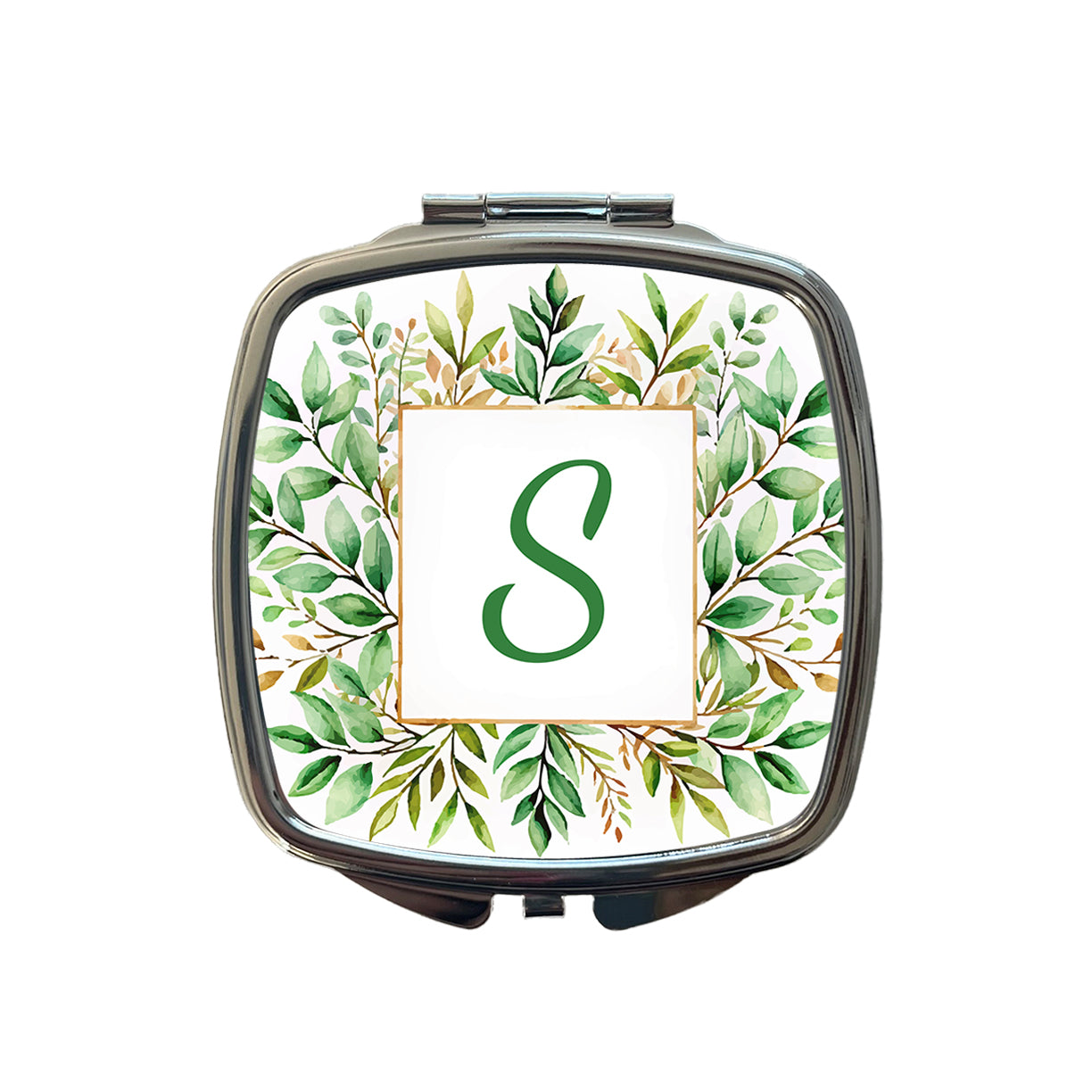 Letter S Initial Monogram Frame Leaf Small Travel Purse Handbag Pocket Makeup Compact Mirror