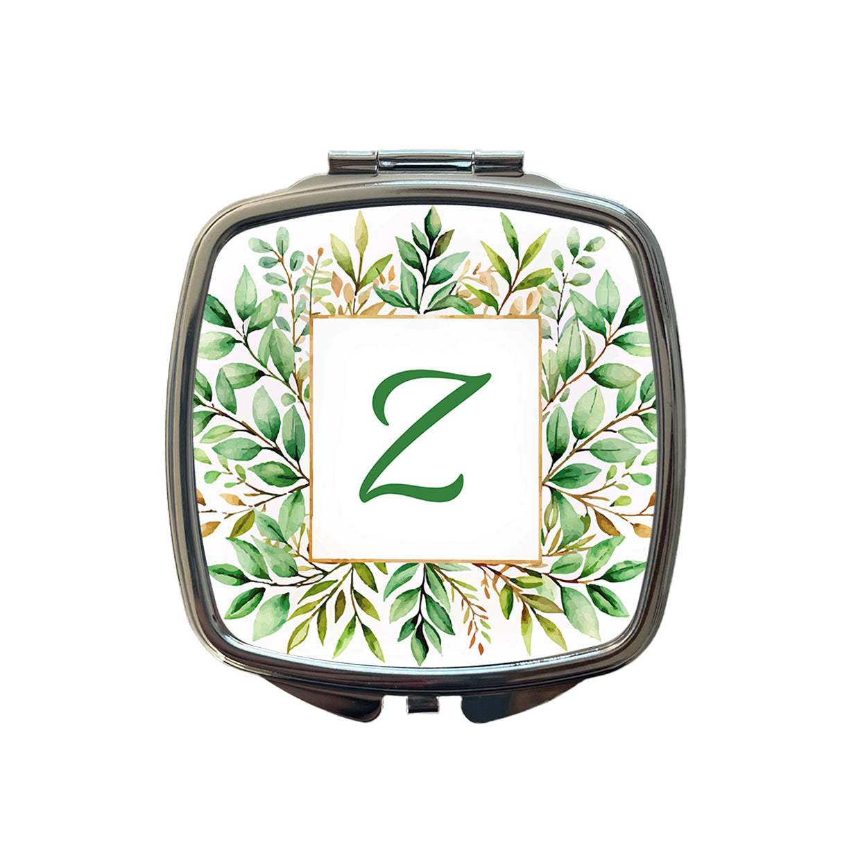 Letter Z Initial Monogram Frame Leaf Small Travel Purse Handbag Pocket Makeup Compact Mirror