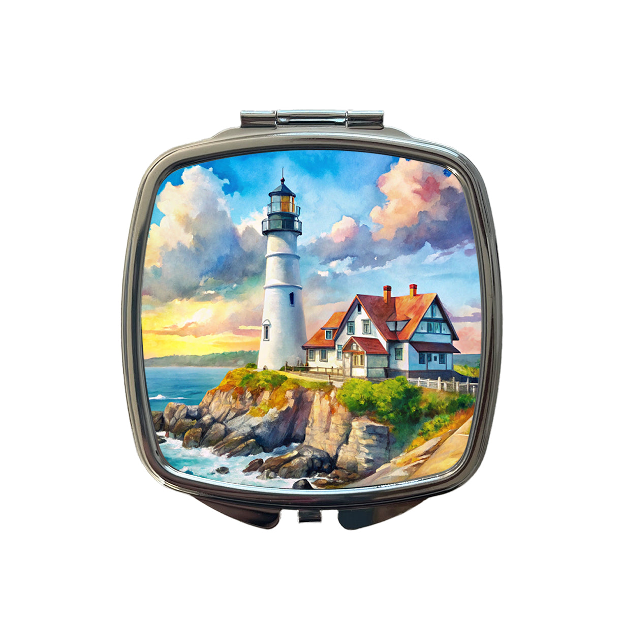 Lighthouse Like Portland Head Maine Watercolor Small Travel Purse Handbag Pocket Makeup Compact Mirror