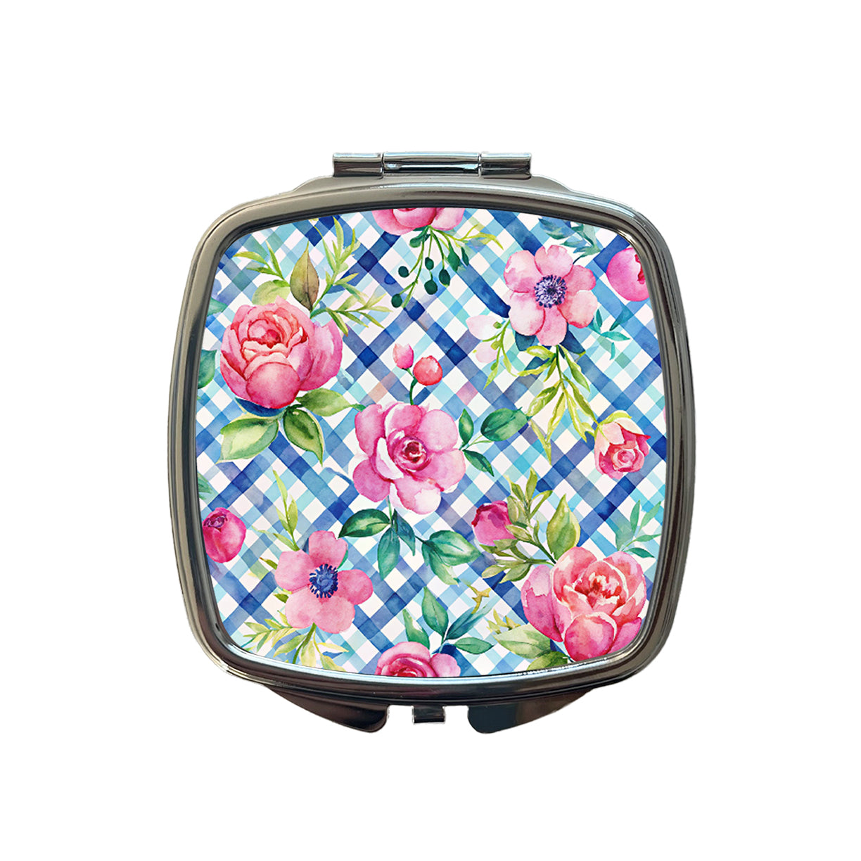 Preppy Pink Flowers Blue Gingham Plaid Small Travel Purse Handbag Pocket Makeup Compact Mirror