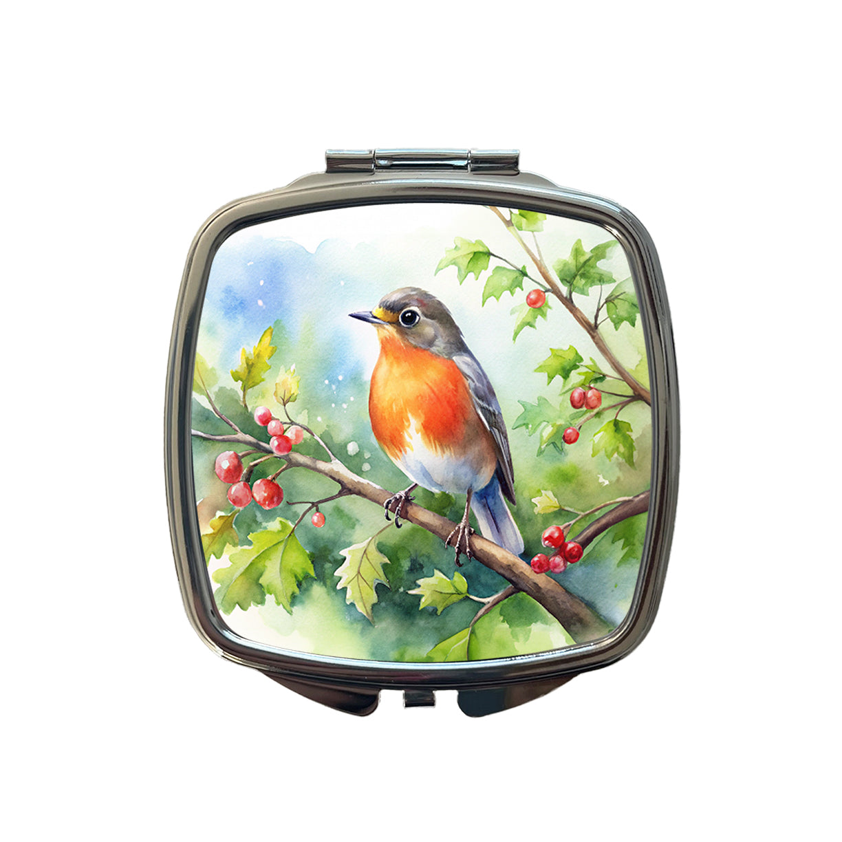 Robin In Tree Bird Watercolor Small Travel Purse Handbag Pocket Makeup Compact Mirror