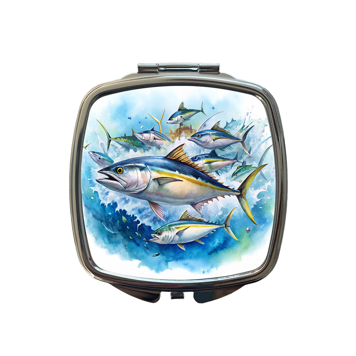 School Of Tuna Deep Sea Sport Fishing Watercolor Small Travel Purse Handbag Pocket Makeup Compact Mirror