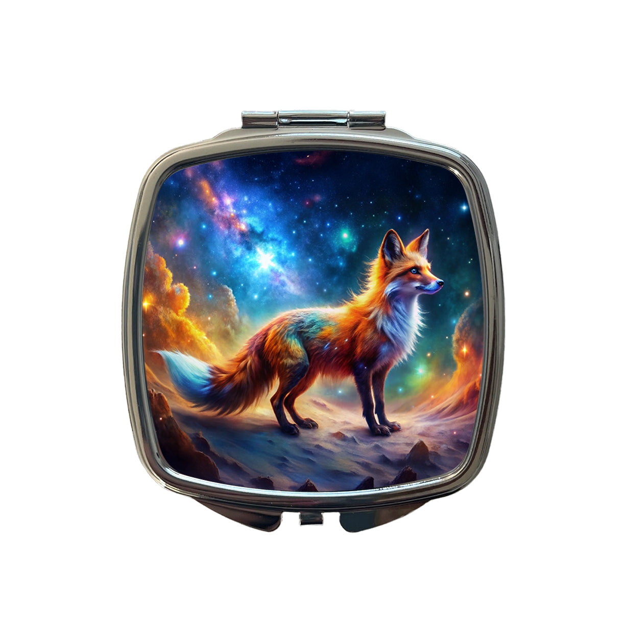 Sci-fi Fantasy Fox In Space Nebula Background Small Travel Purse Handbag Pocket Makeup Compact Mirror