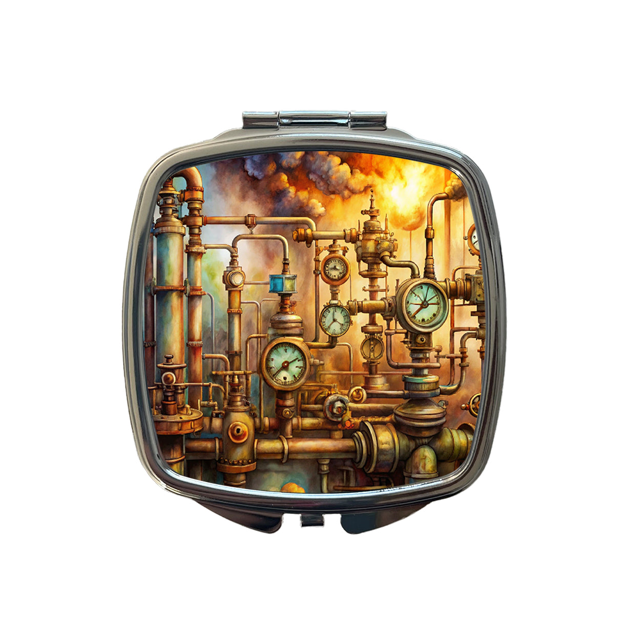 Sci-fi Steampunk Pipes Gauges Steam Fire Watercolor Small Travel Purse Handbag Pocket Makeup Compact Mirror