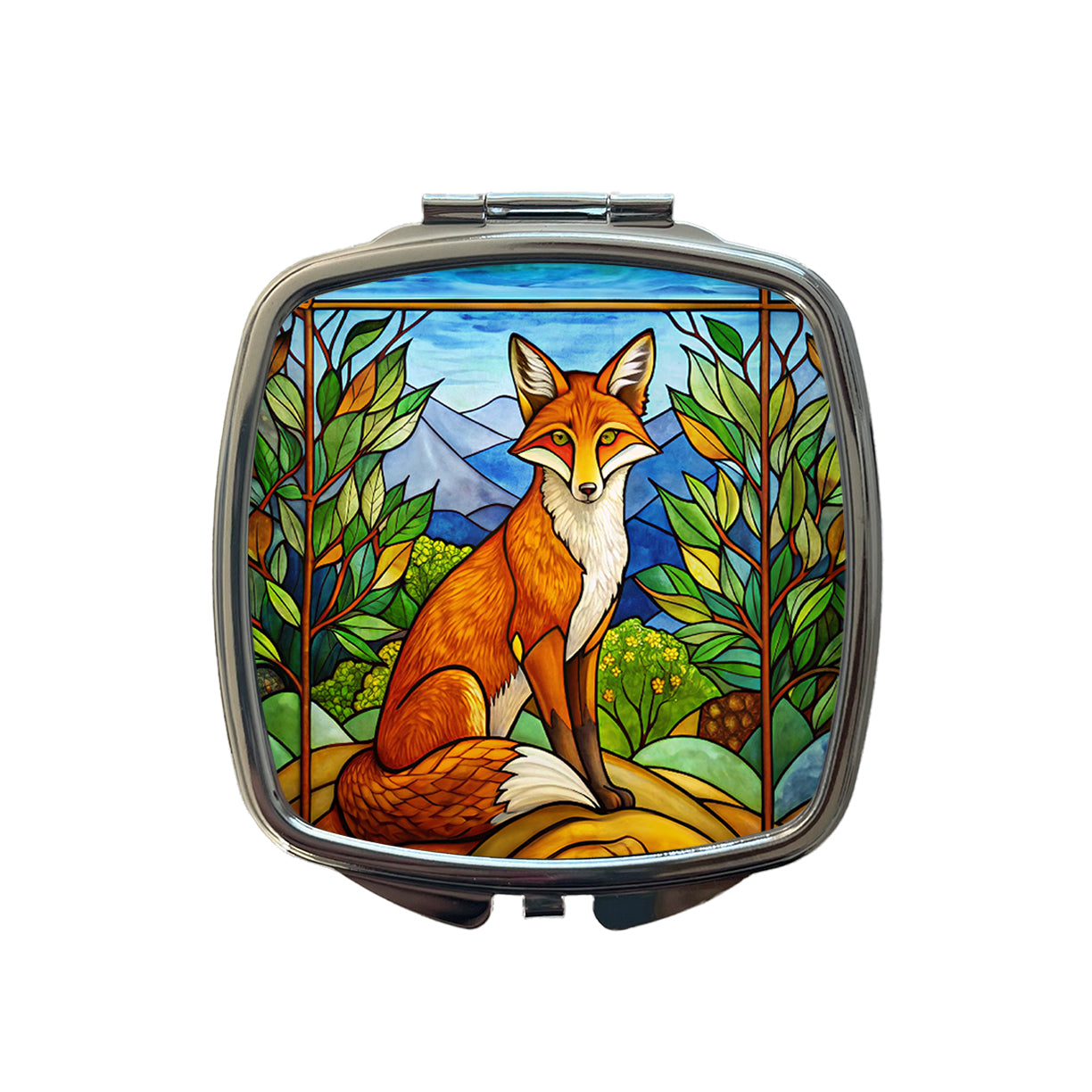 Stained Glass Fox Sitting Small Travel Purse Handbag Pocket Makeup Compact Mirror