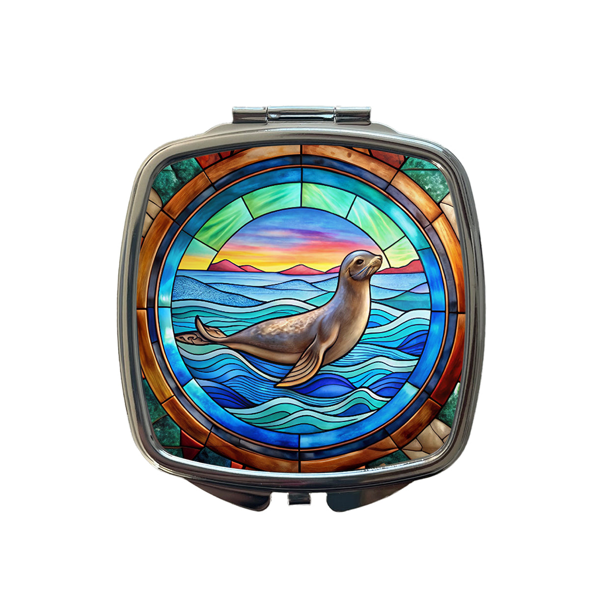 Stained Glass Seal In The Ocean Small Travel Purse Handbag Pocket Makeup Compact Mirror