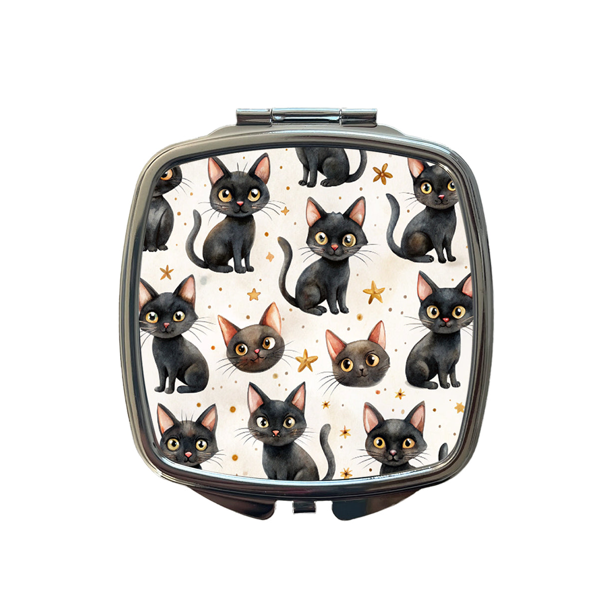 Sweet Black Cats Yellow Stars Small Travel Purse Handbag Pocket Makeup Compact Mirror