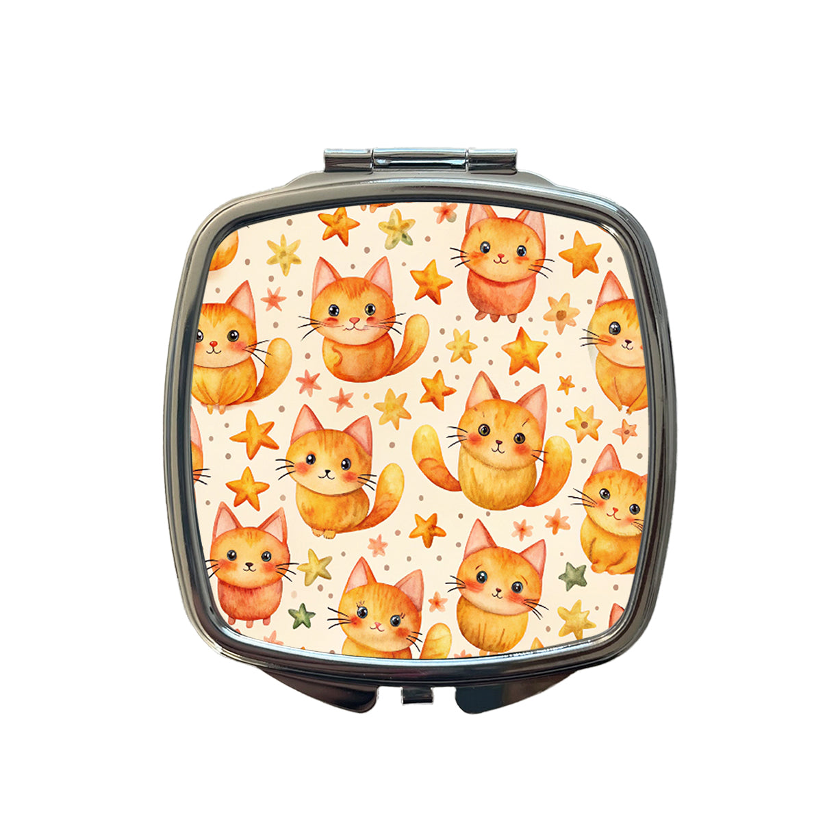 Sweet Orange Cats Yellow Stars Small Travel Purse Handbag Pocket Makeup Compact Mirror
