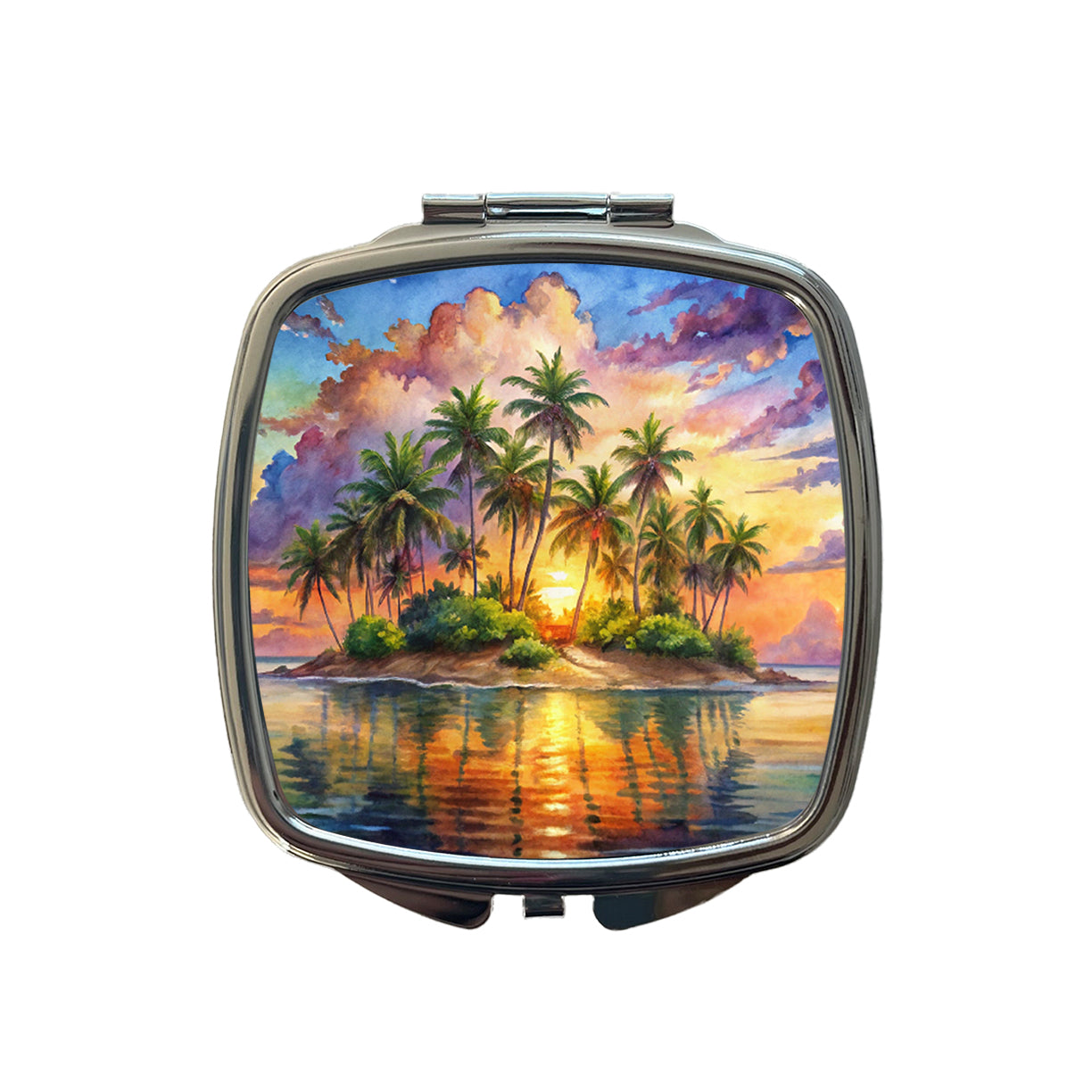 Tropical Deserted Island At Sunrise Watercolor Small Travel Purse Handbag Pocket Makeup Compact Mirror
