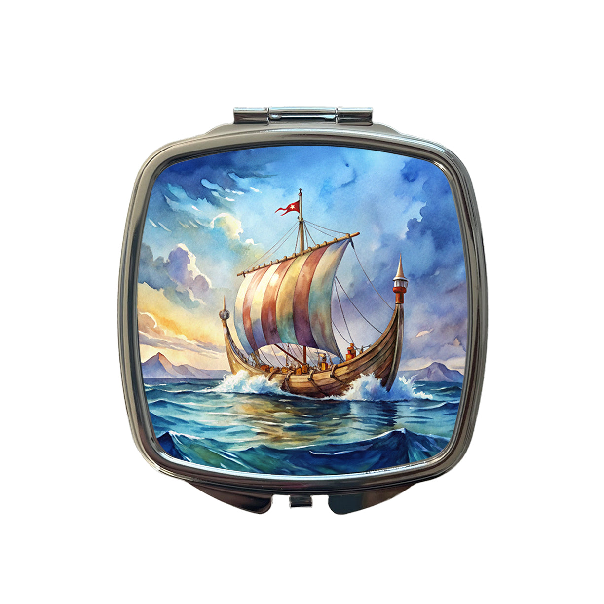 Viking Ship On The Ocean Watercolor Small Travel Purse Handbag Pocket Makeup Compact Mirror